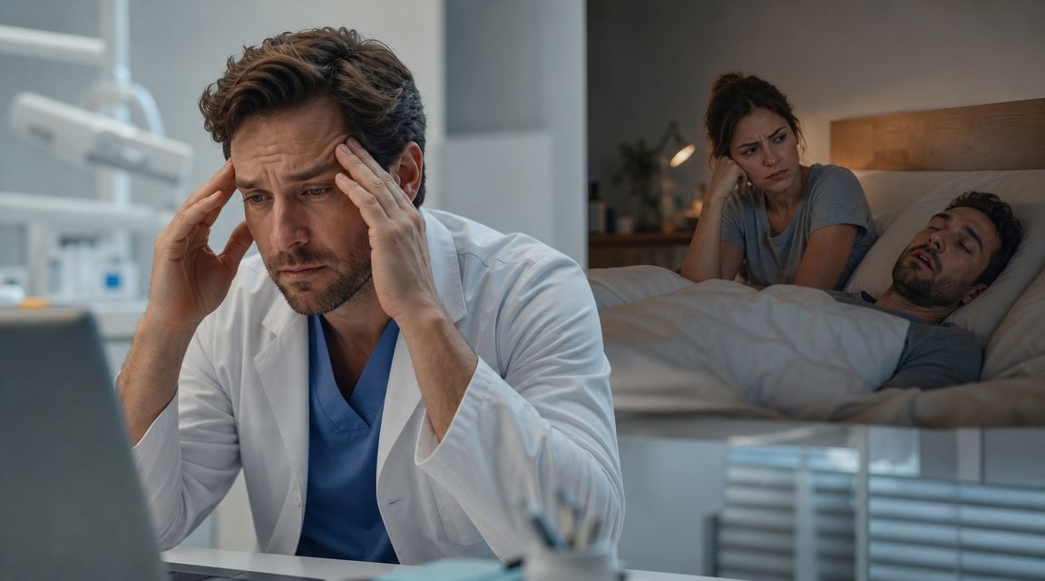 A distressed male doctor holding his head while a couple deals with sleep disturbances in bed.