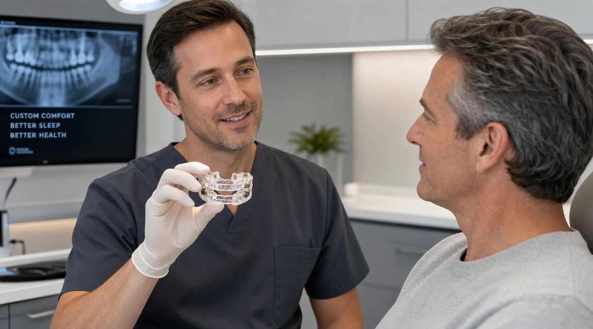 A dentist shows a custom dental oral appliance to a male patient during a consultation in his office.