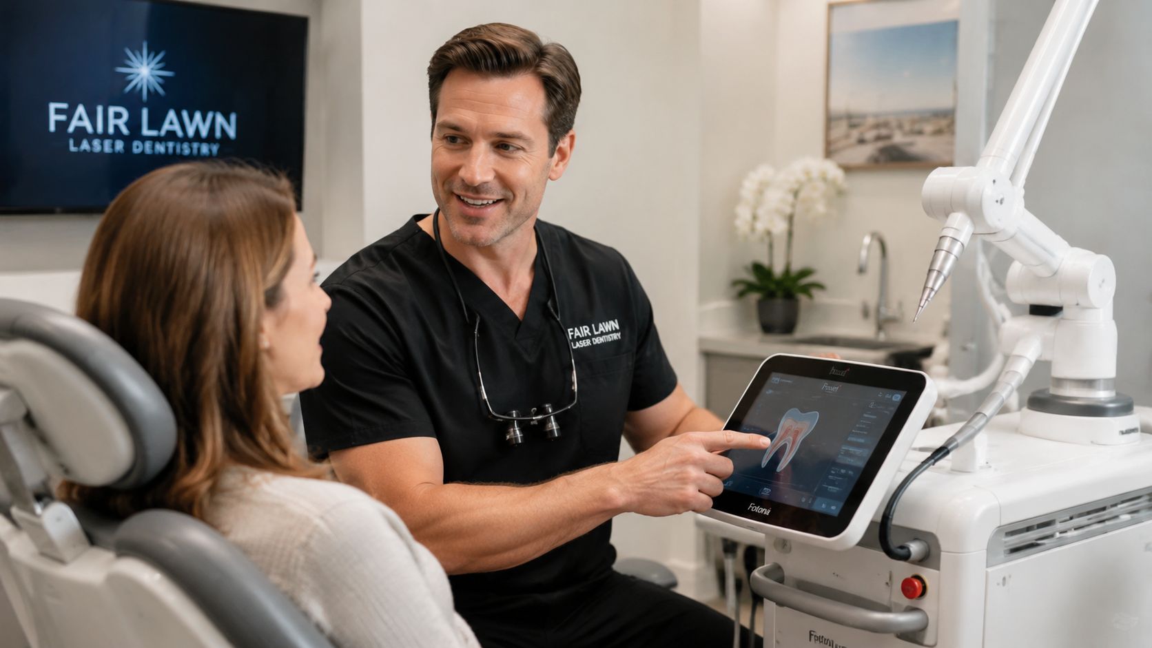 A professional dentist discussing a digital tooth scan on a laser equipment screen with his patient.