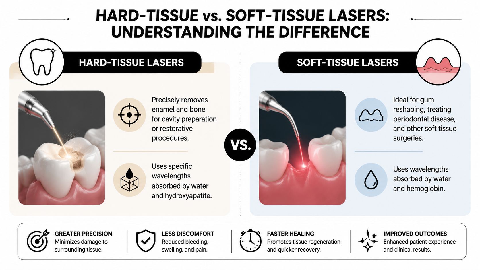 A comparison chart showing the differences between hard-tissue and soft-tissue lasers in dentistry treatments.