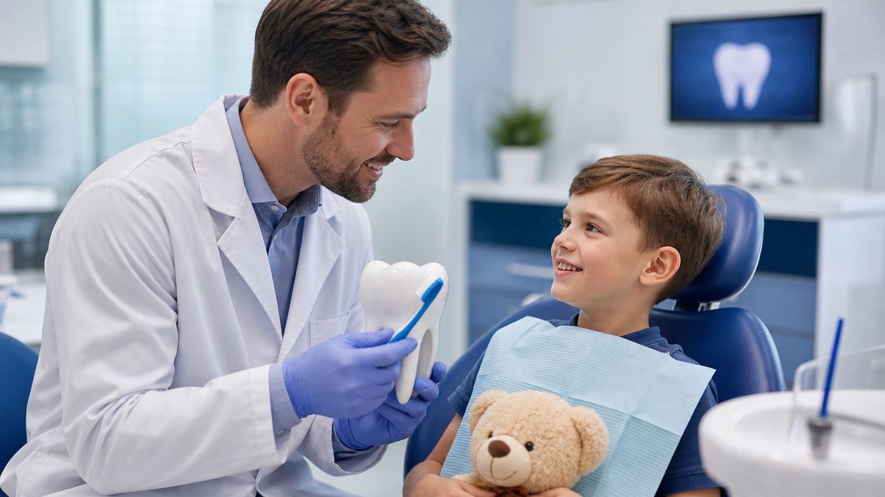 A friendly dentist teaching a young boy how to brush teeth using a large tooth model.