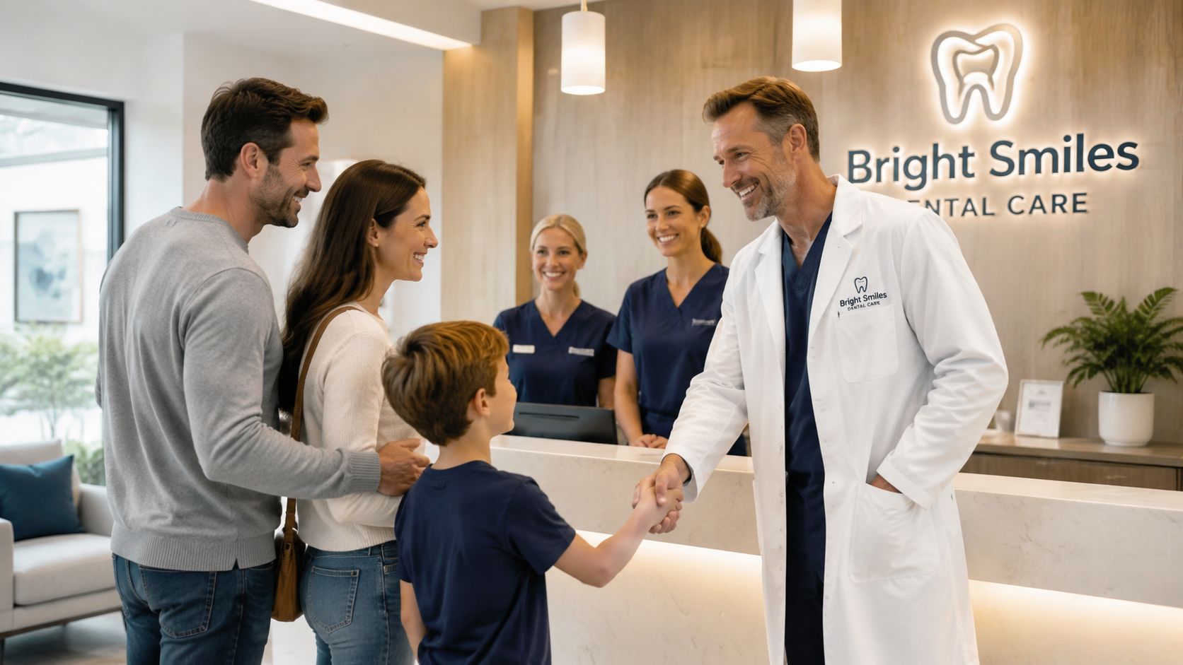 A friendly dentist in a white coat shakes hands with a young boy at a dental office.