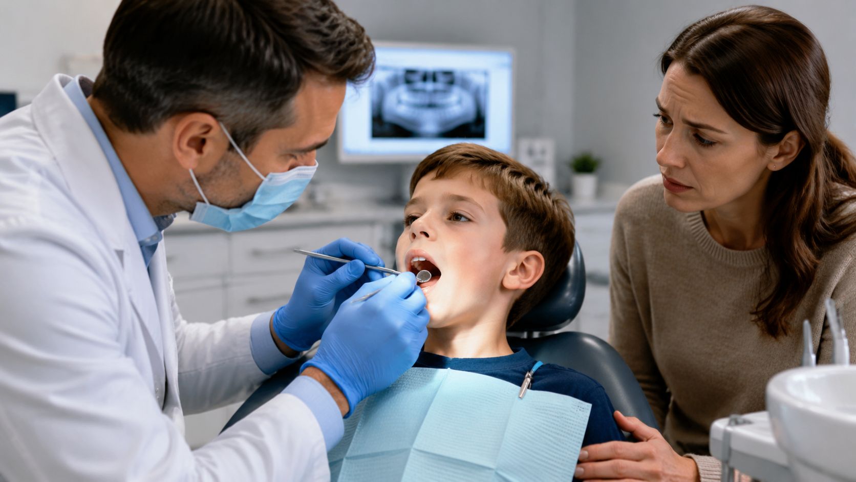 A concerned mother watches as a dentist wearing a mask and gloves examines her young son's teeth.