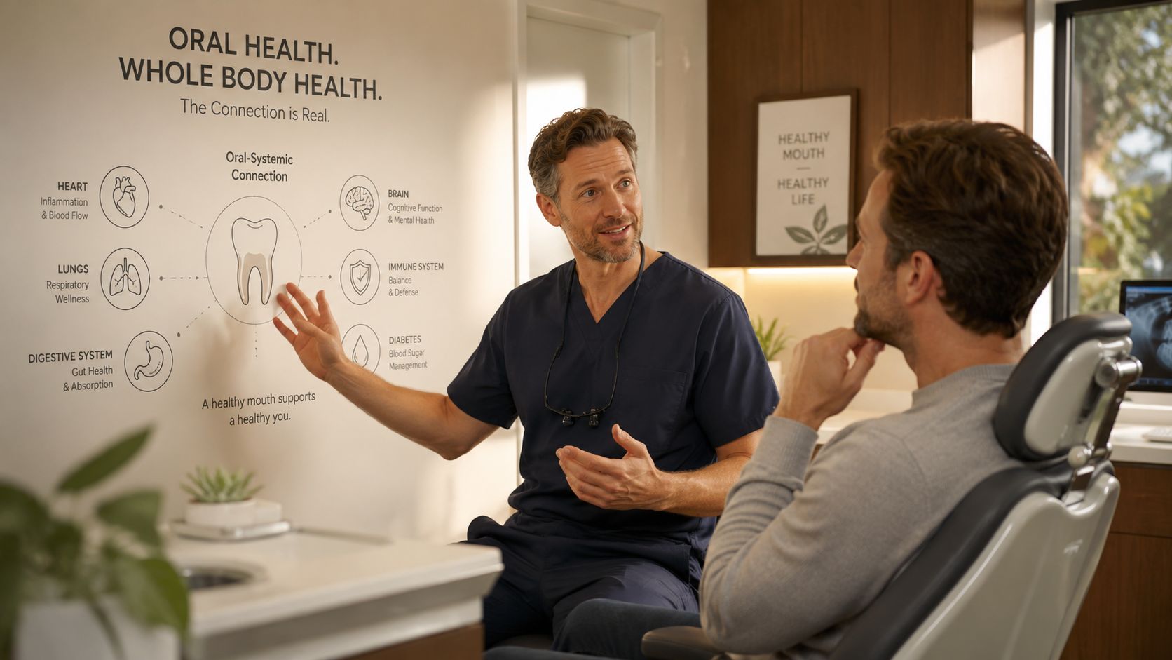 A dentist explaining the oral-systemic connection to a patient in a modern dental office setting.