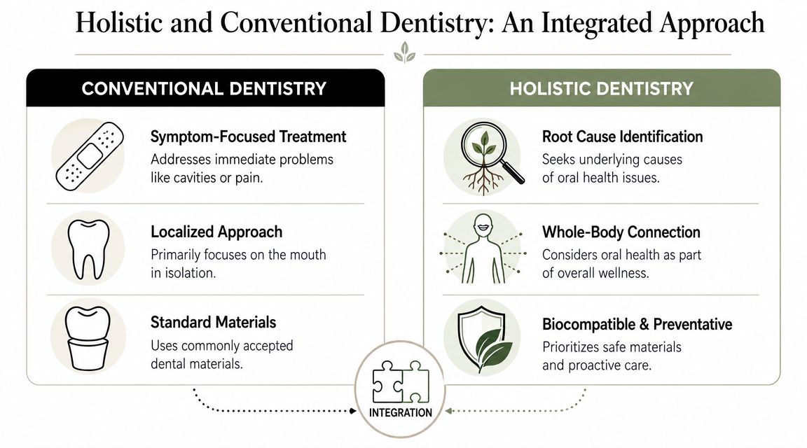 A comparison chart outlining the key differences between conventional dentistry and holistic dentistry approaches.