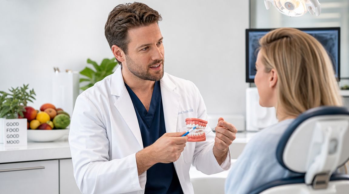 A friendly male dentist explaining dental care to a female patient using a tooth model in clinic.