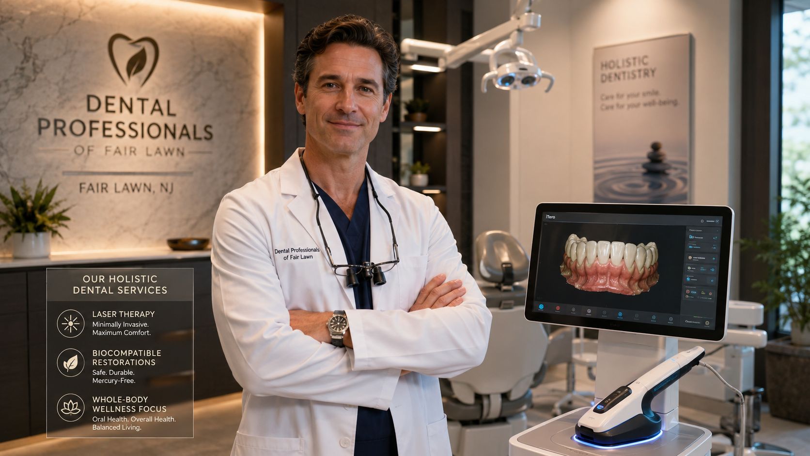 A professional dentist standing in a modern office with an iTero 3D dental scanner displayed nearby.