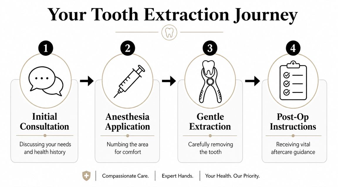 An infographic showing the four-step process for a tooth extraction journey, from consultation to post-operative care.