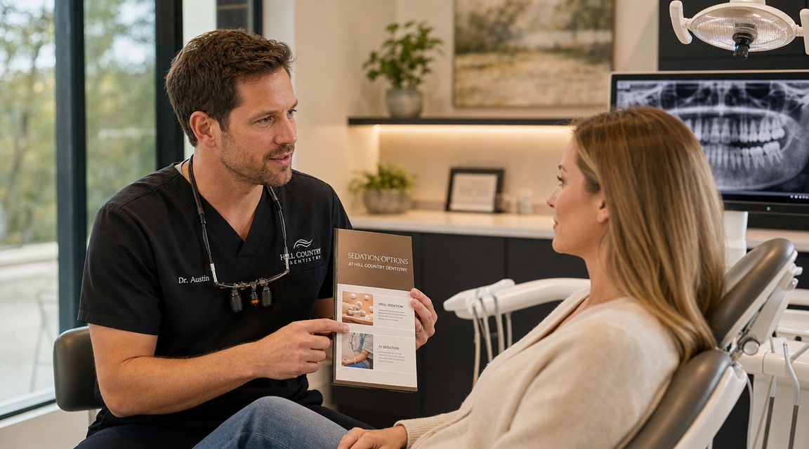 Dr. Austin discussing sedation options with a patient during a consultation at Hill Country Dentistry.