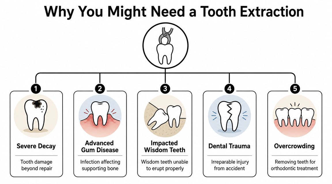 An infographic showing five common reasons why a patient might require a professional tooth extraction procedure.