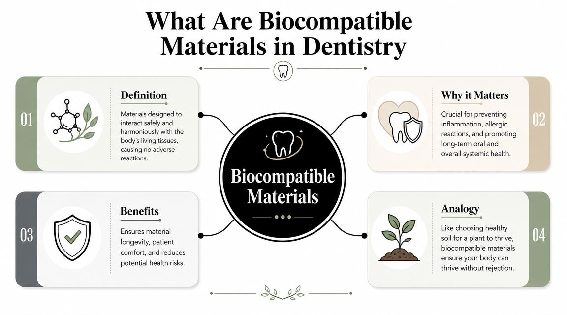 An infographic explaining the concept of biocompatible materials in dentistry, covering definition, benefits, importance, and analogies.