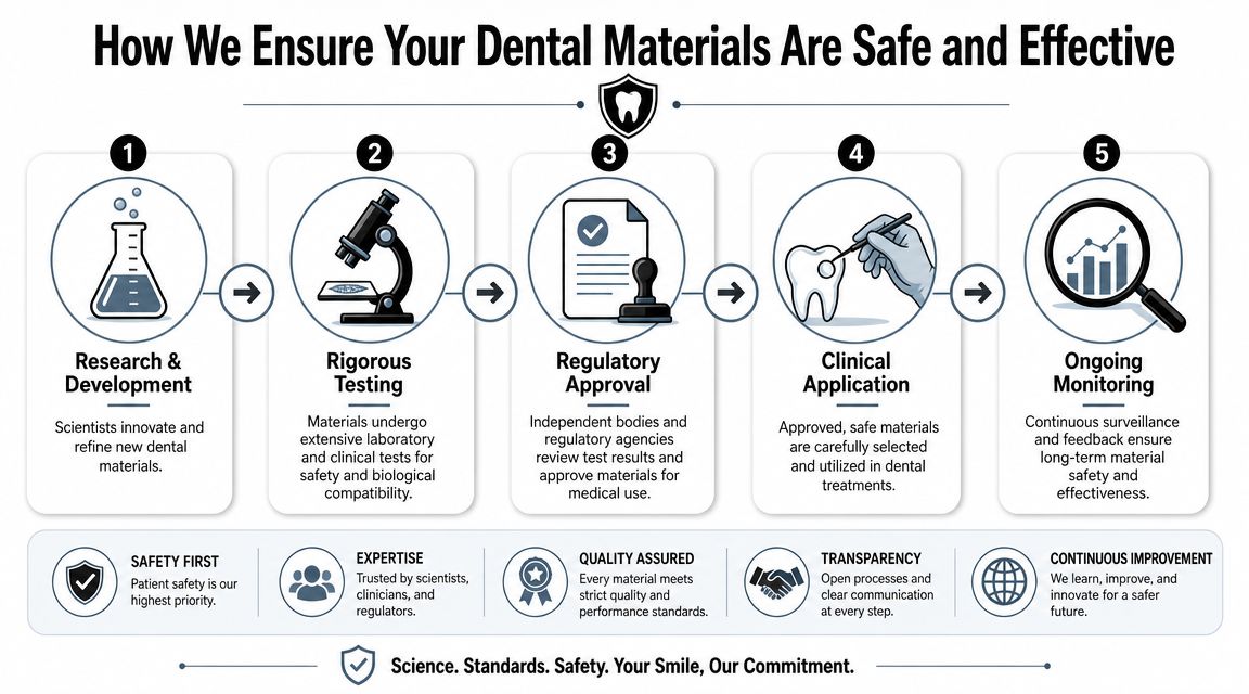 A five-step infographic showing the process of ensuring safety and effectiveness for dental materials used in treatment.