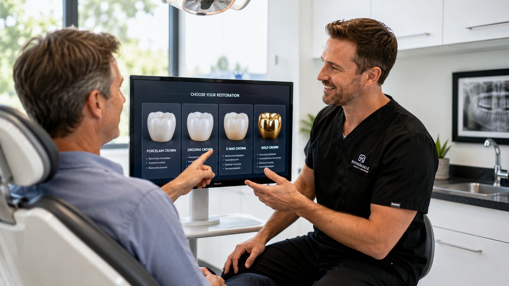 A dentist consults with a patient using a screen to explain different types of dental crown materials.