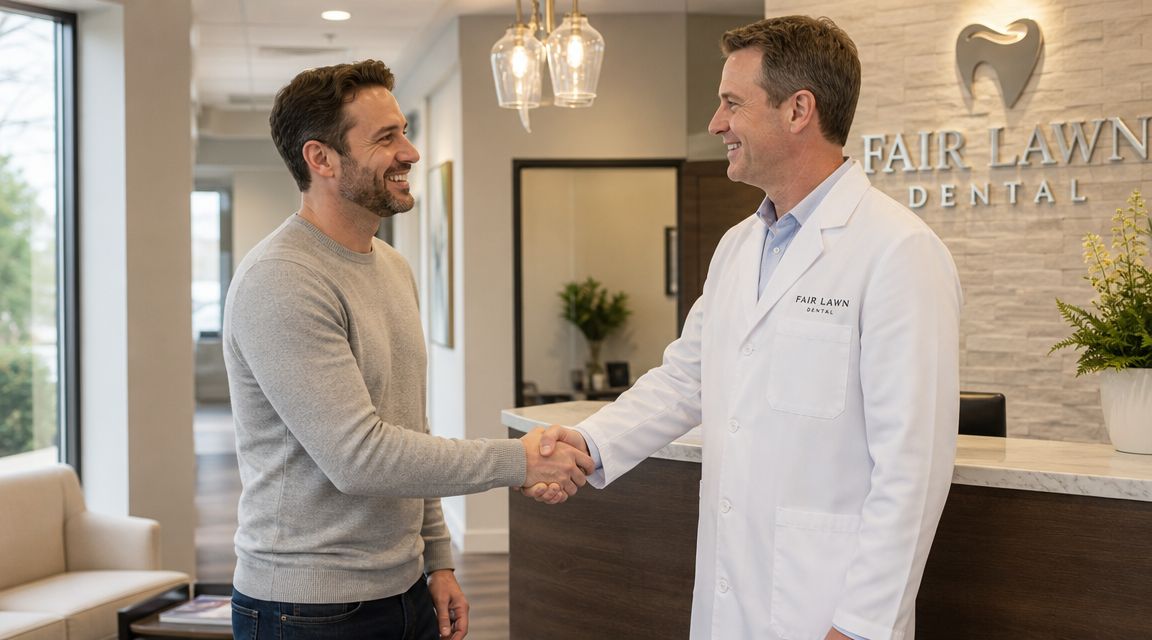 A male patient shaking hands with a friendly dentist in a modern dental office lobby setting.