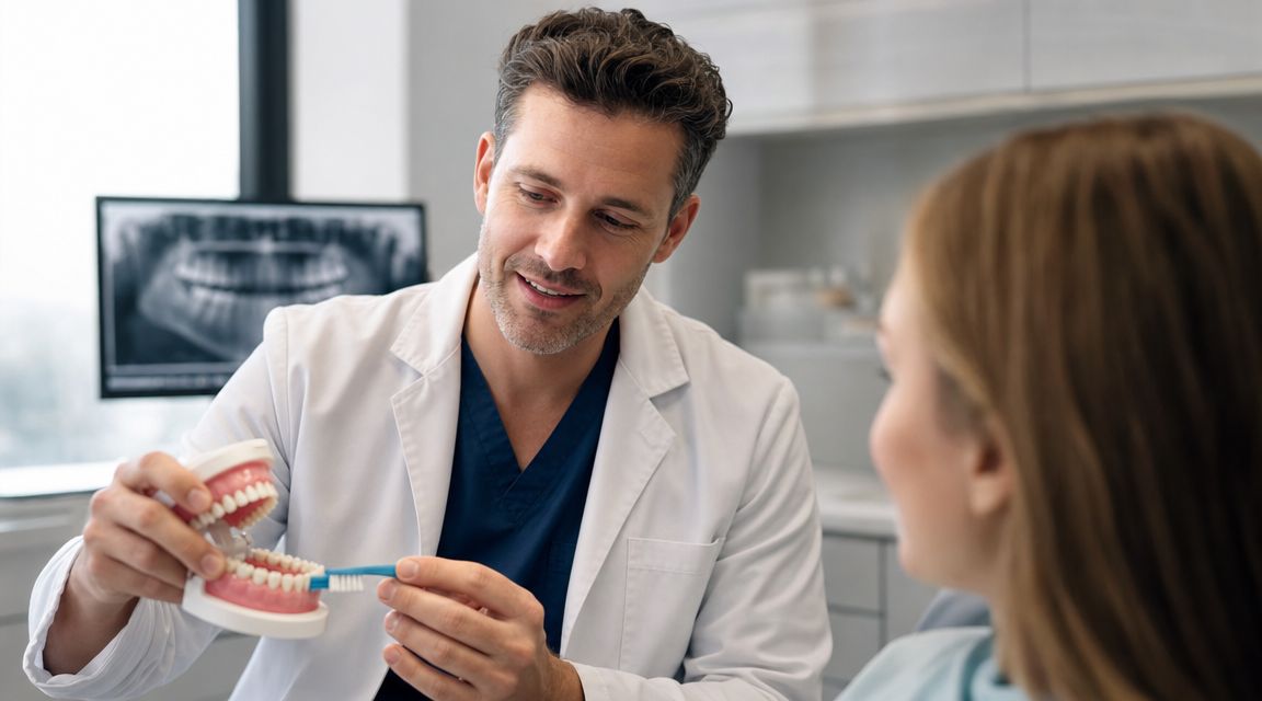 A friendly dentist demonstrating proper tooth brushing techniques on a dental model to a patient in office.
