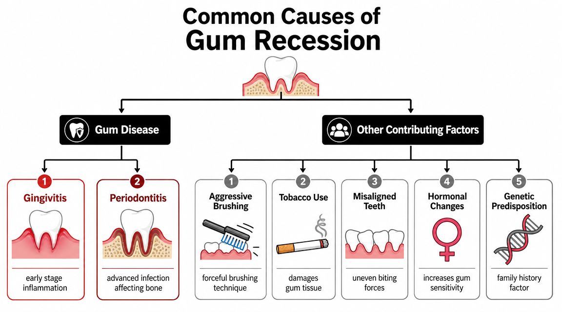 A diagram outlining the common causes of gum recession, including gum disease and other contributing factors.