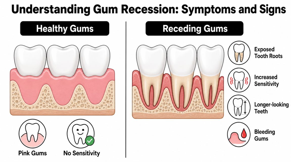 A diagram comparing healthy gums with pink tissue to receding gums showing exposed tooth roots and symptoms.