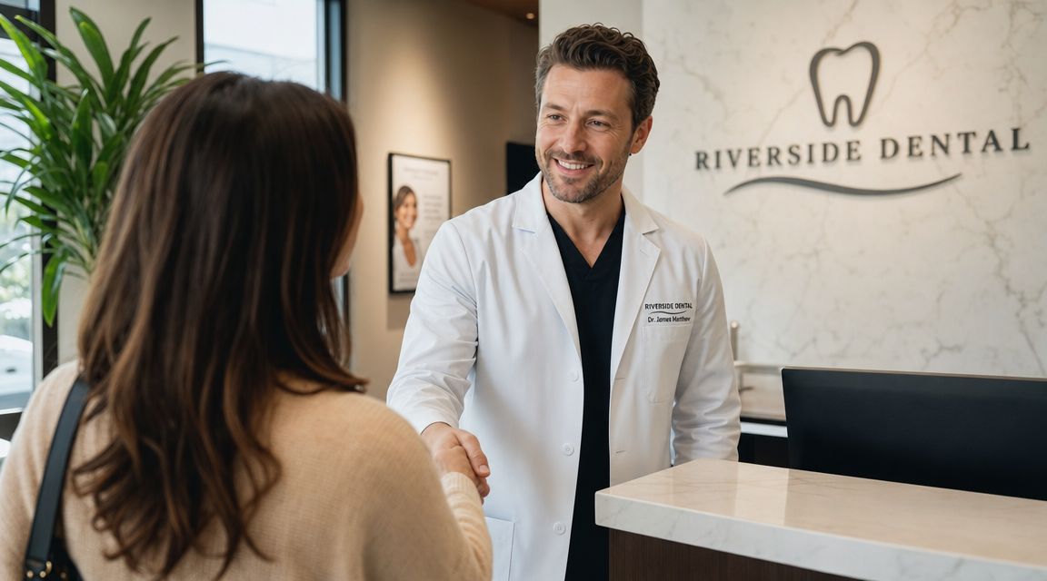 A smiling dentist in a white coat shakes hands with a patient at a reception desk.