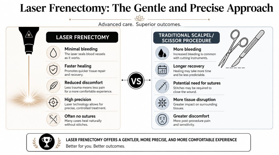 A comparison infographic showing the benefits of laser frenectomy versus traditional scalpel or scissor surgery.