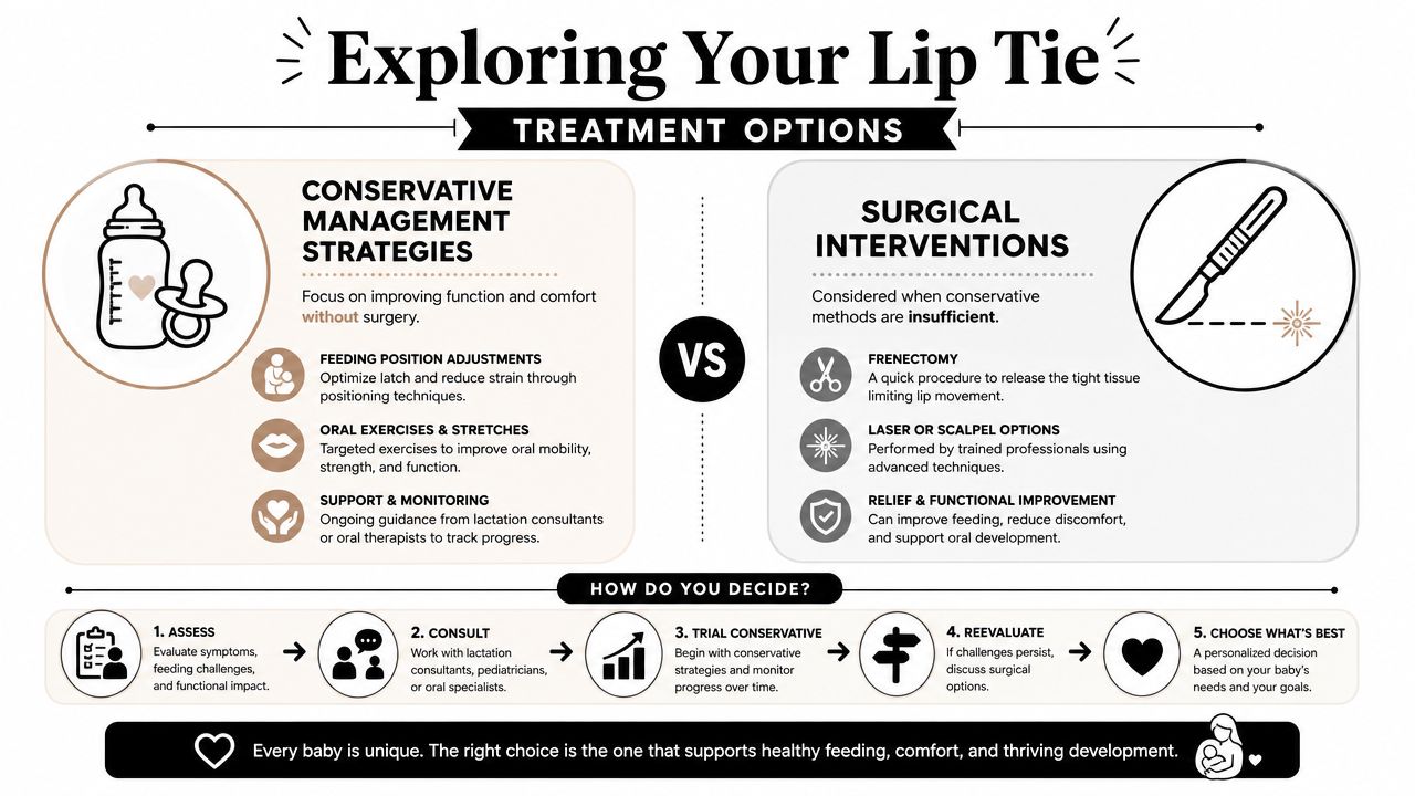 An infographic comparing conservative lip tie management strategies with surgical intervention options for infants.