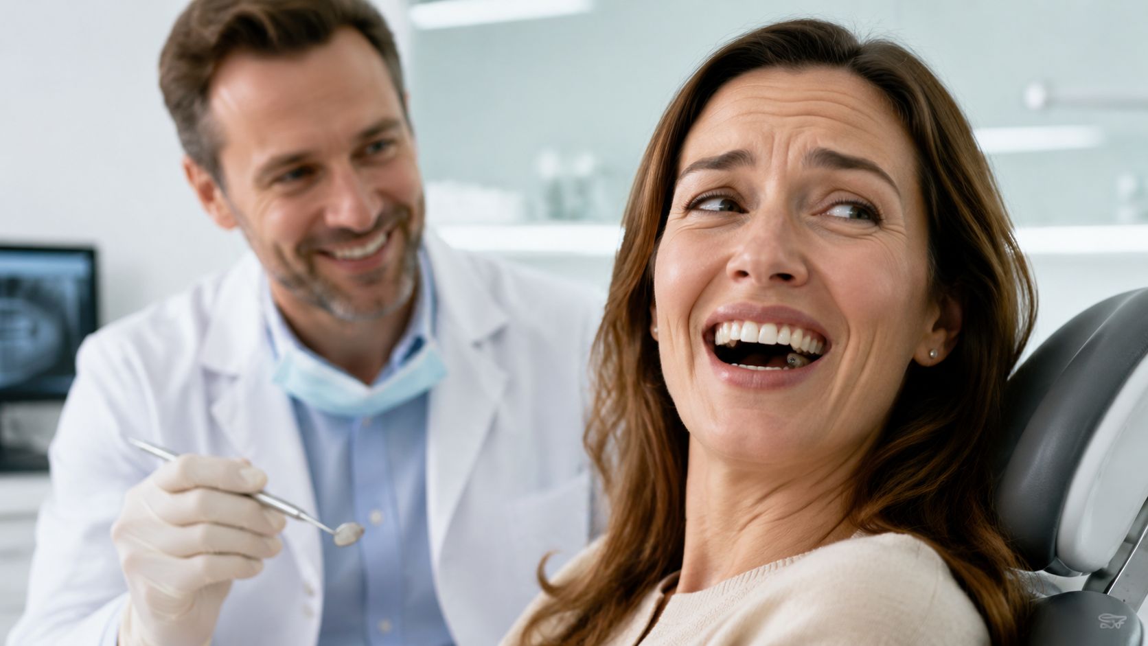 A friendly dentist smiling at a female patient during a routine dental checkup in a modern clinic.