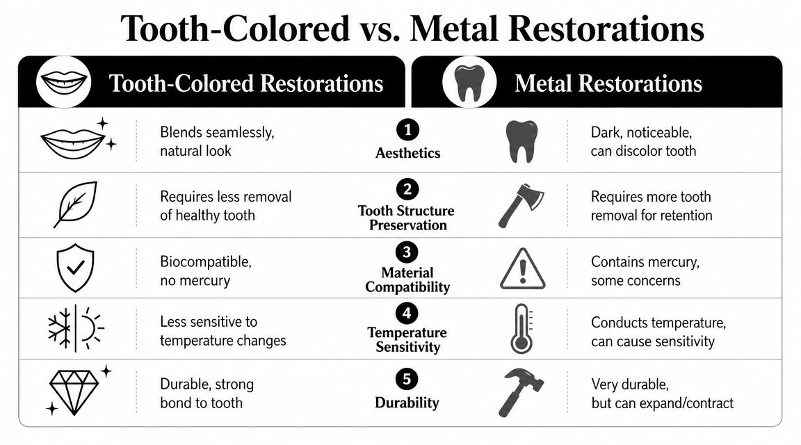 A comparison chart showing the differences between tooth-colored and metal dental restorations across five categories.