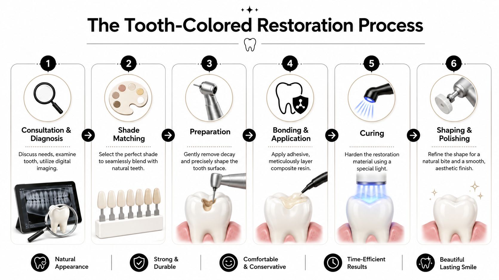 A step-by-step infographic showing the six stages of the professional tooth-colored dental restoration process.