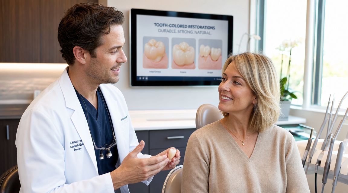 A professional dentist discussing a tooth-colored restoration option with a female patient in a modern dental office.