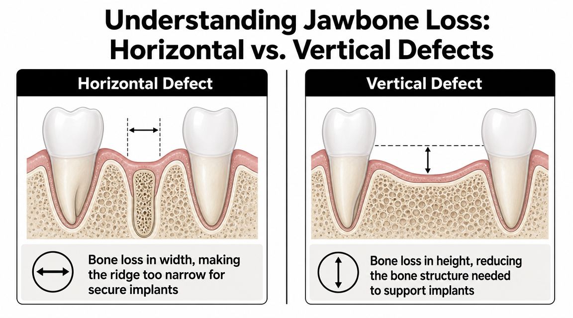 A diagram comparing horizontal and vertical jawbone defects showing bone loss in width and height.