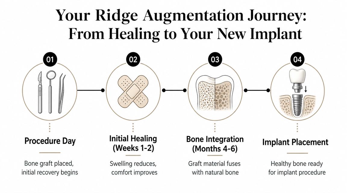A four-step infographic illustrating the dental ridge augmentation process from initial surgery to implant placement.