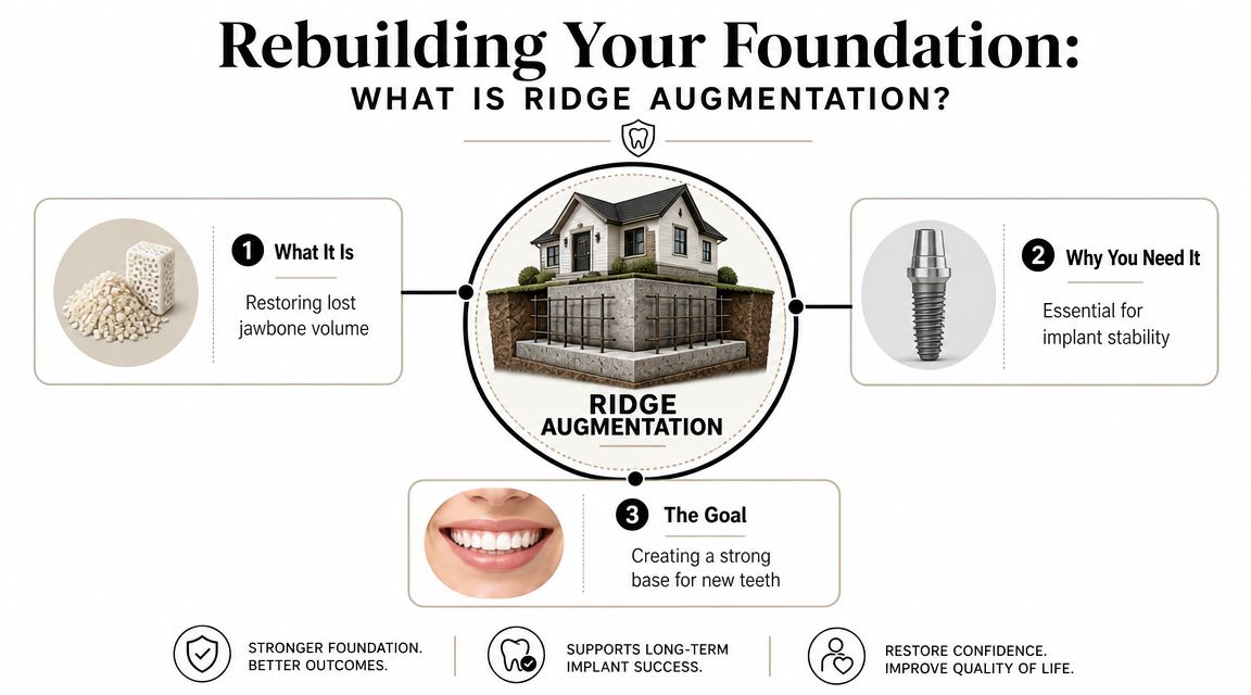 An infographic explaining dental ridge augmentation with visuals of bone grafting material, implants, and a smile.