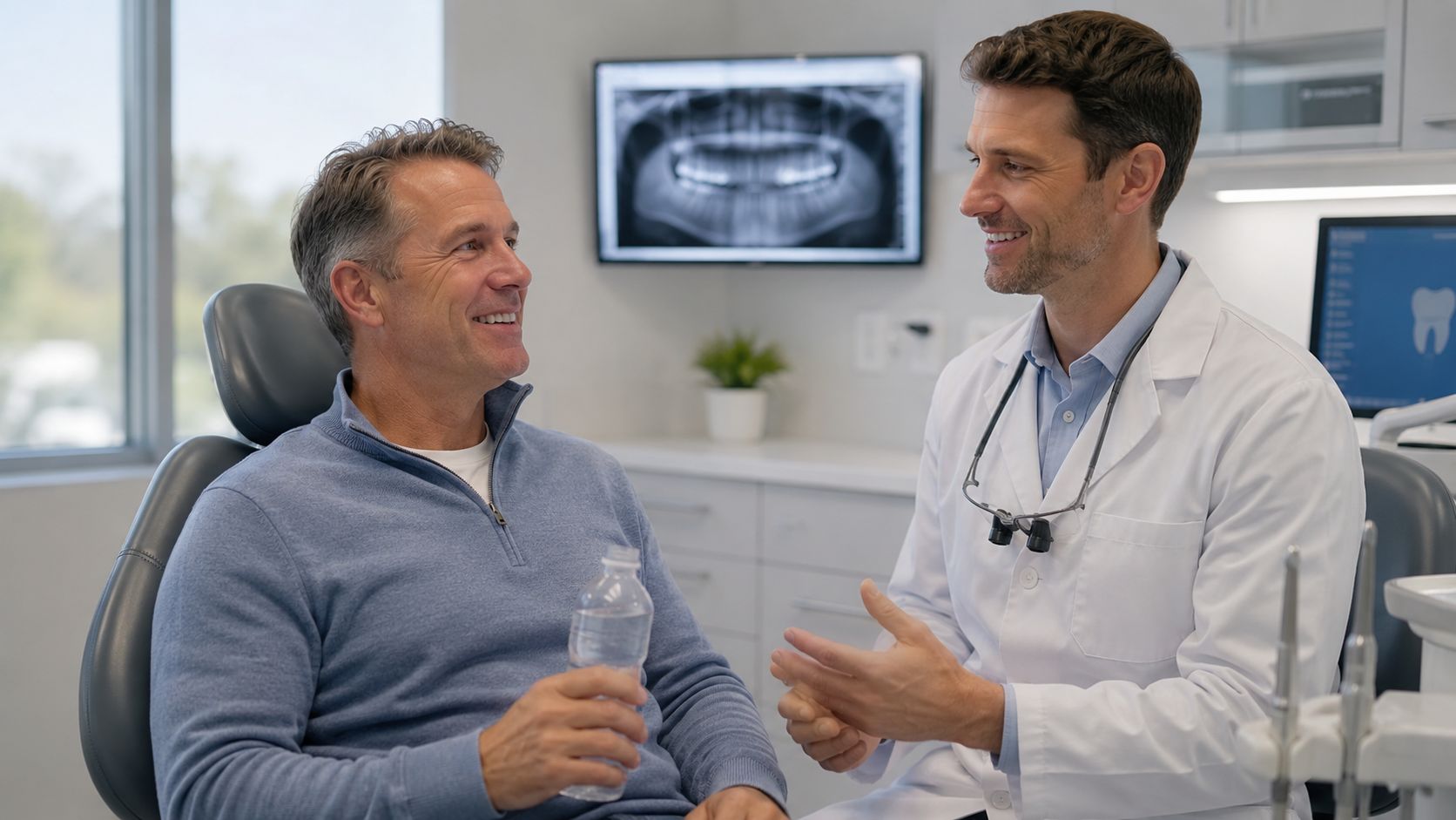 A friendly dentist explaining dental treatment options to a smiling middle-aged male patient in an office.