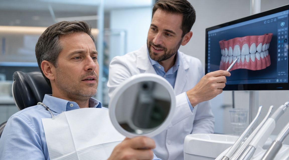 A dentist shows a patient a 3D digital model of their teeth on a computer screen.