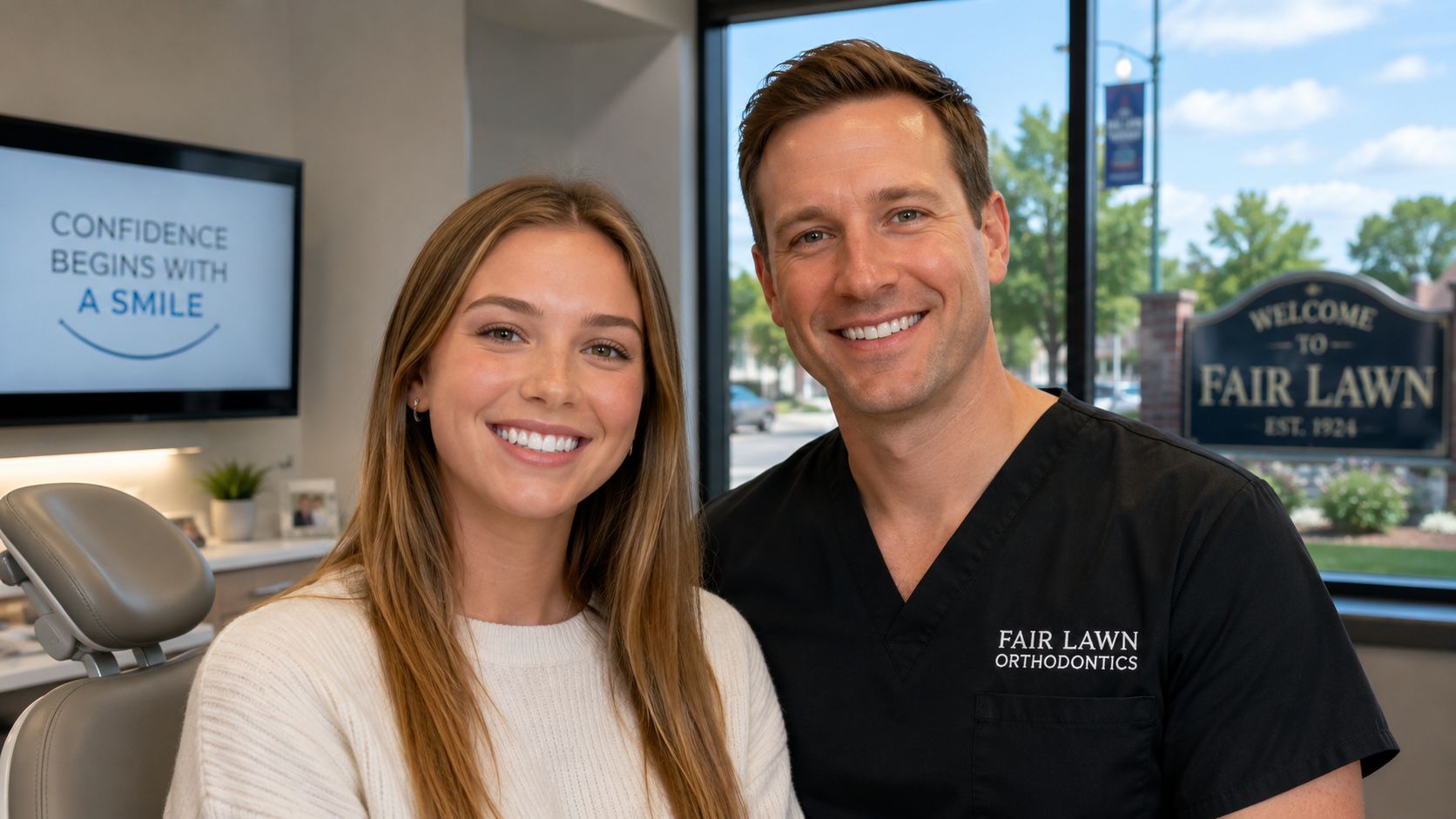 A smiling young woman and her orthodontist posing for a photo in a modern dental office.