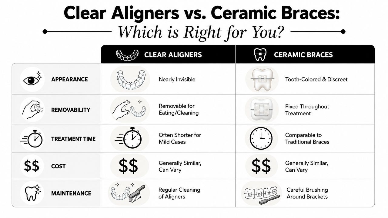 A comparison chart outlining the differences between clear aligners and ceramic braces for orthodontic treatment.