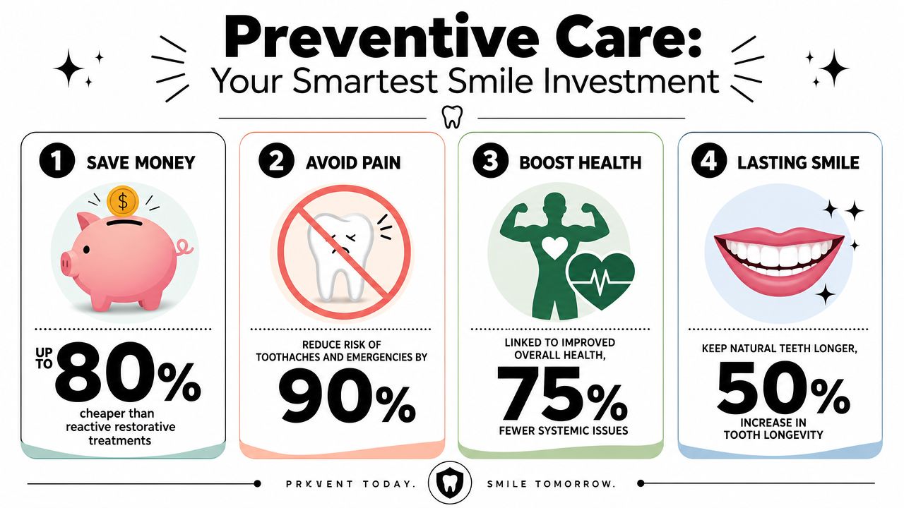 An infographic showing four key benefits of preventive dental care, including saving money and improved health.