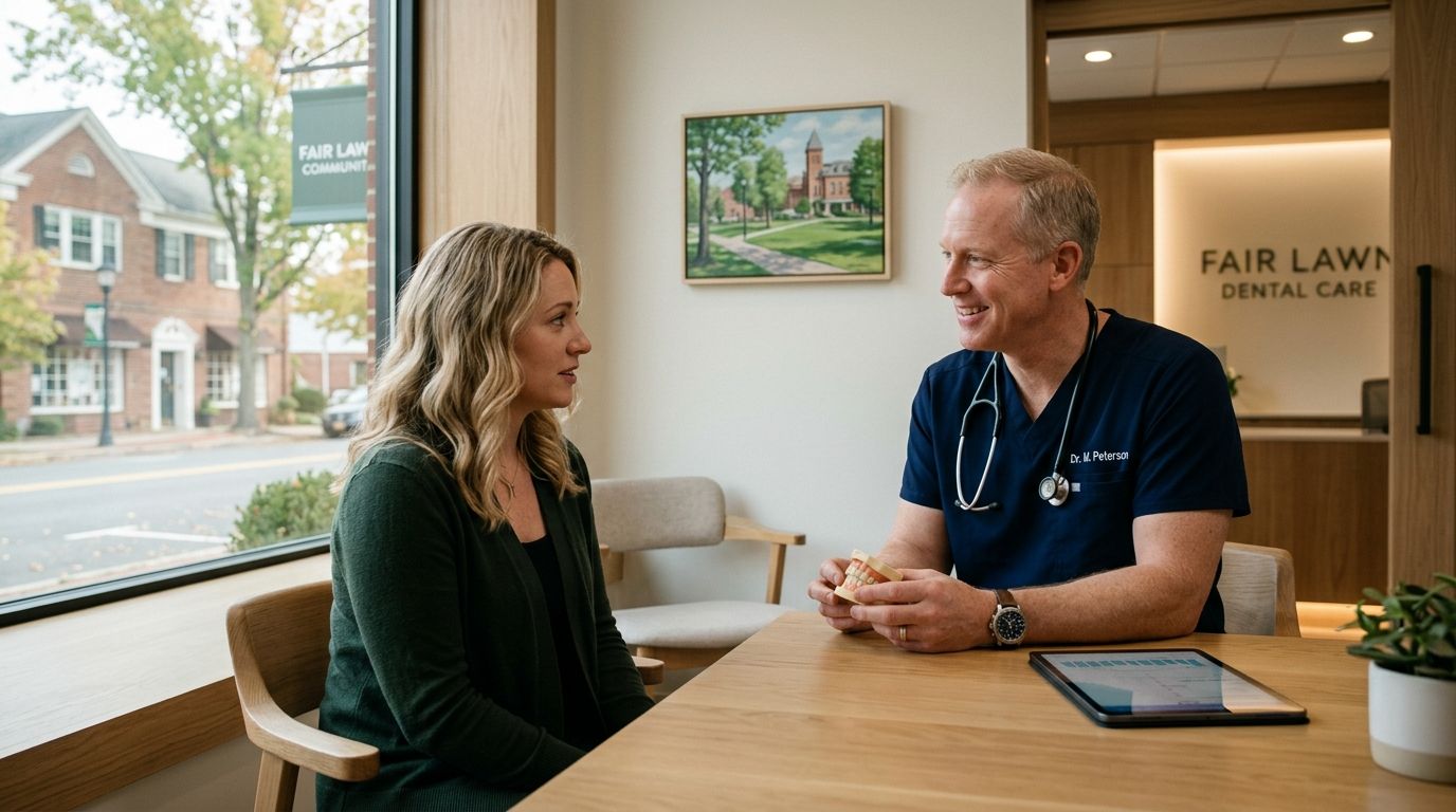 A male dentist consulting with a female patient using a dental model in a modern office.