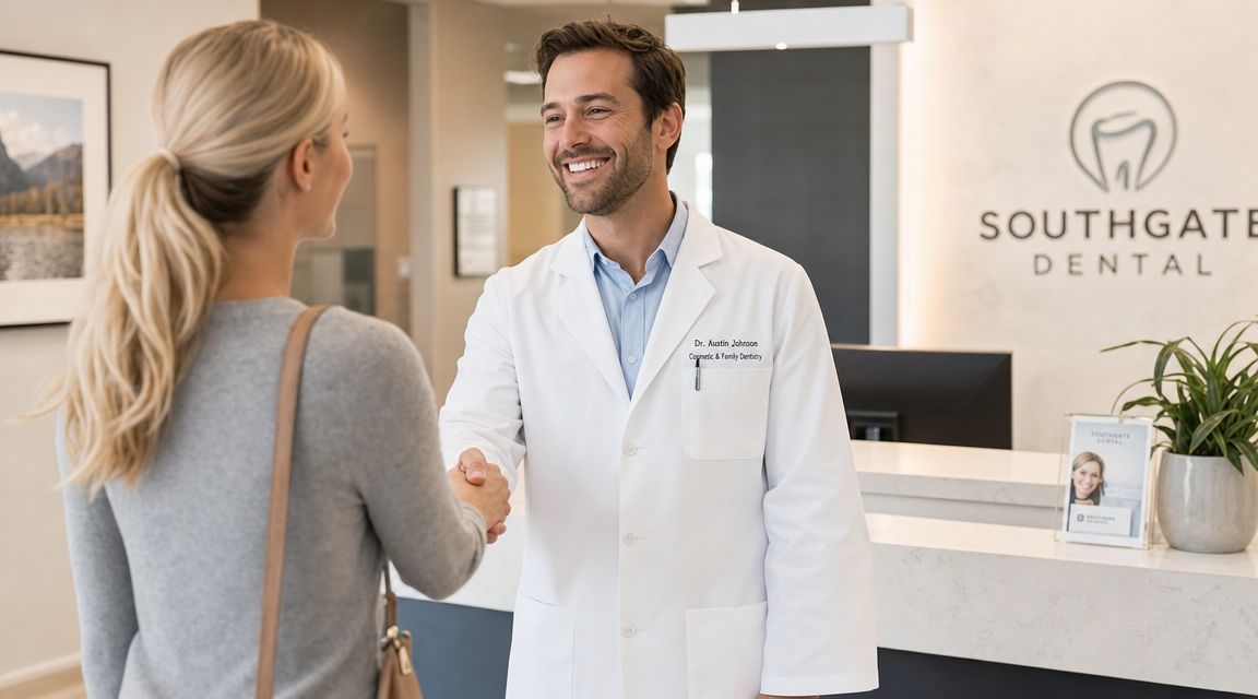 A friendly dentist shaking hands with a patient at a modern Southgate Dental office reception desk.