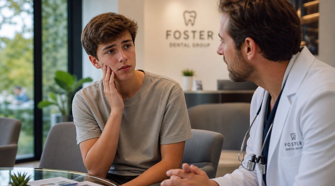 A young man experiencing tooth pain talks to a dentist in a professional dental office clinic.