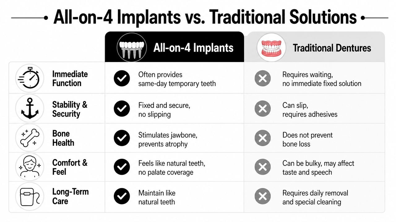 A comparison chart showing the benefits of All-on-4 dental implants versus traditional dentures for tooth replacement.