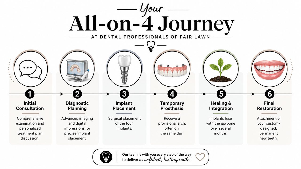 A six-step infographic illustrating the All-on-4 dental implant process, from initial consultation to final restoration.