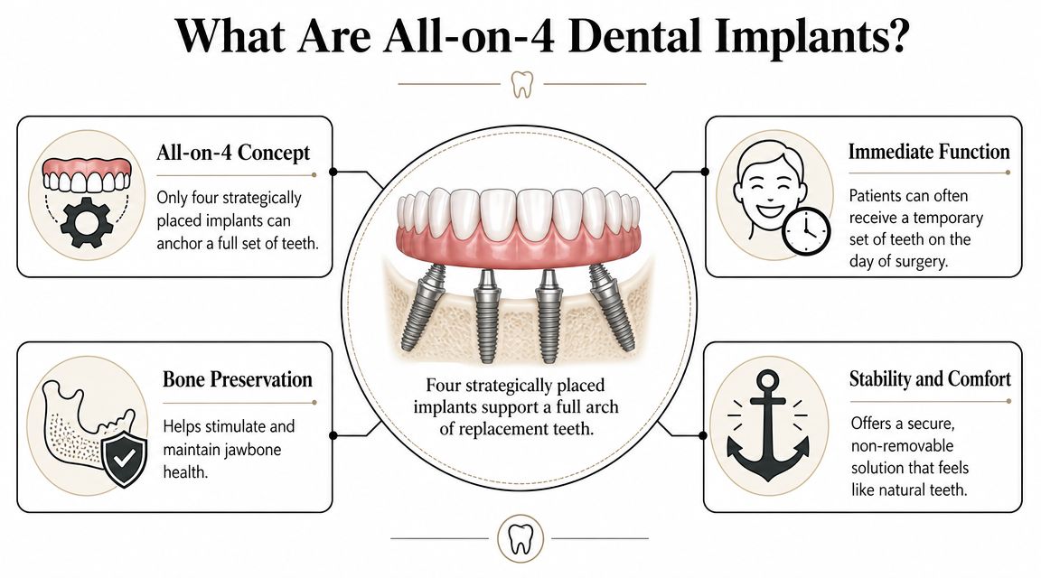 A dental infographic explaining the All-on-4 dental implants procedure, benefits, and how implants support artificial teeth.