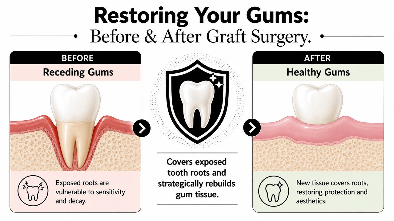 An educational dental diagram showing the before and after process of gum graft surgery on a tooth.