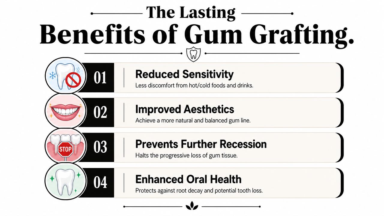 An infographic detailing four primary health and cosmetic benefits of undergoing professional gum graft surgery.