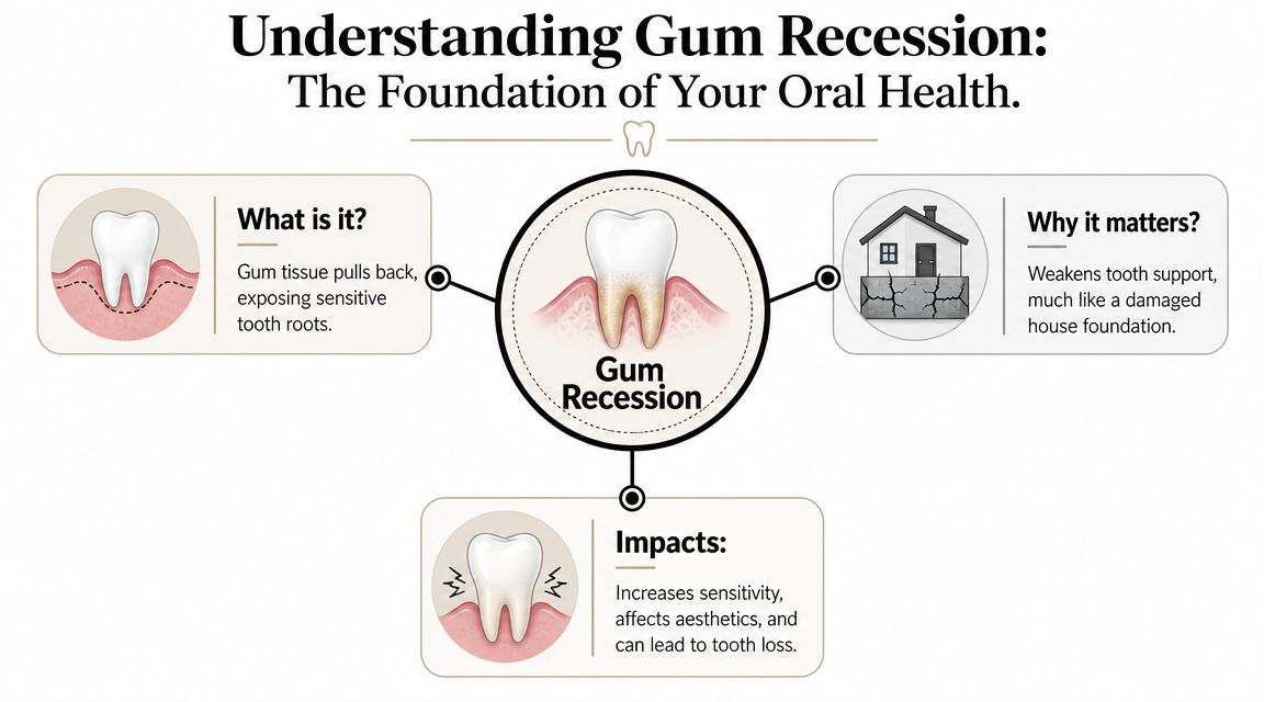 An infographic titled Understanding Gum Recession explaining what it is, why it matters, and potential health impacts.