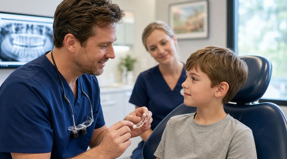 A dentist shows a child a dental space maintainer appliance during a consultation at a dental office.