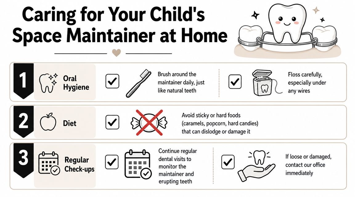 An infographic titled Caring for Your Child's Space Maintainer at Home, listing hygiene, diet, and check-up tips.