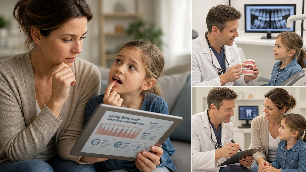 A mother and daughter discussing dental care, including a dentist visit for baby teeth and oral health.