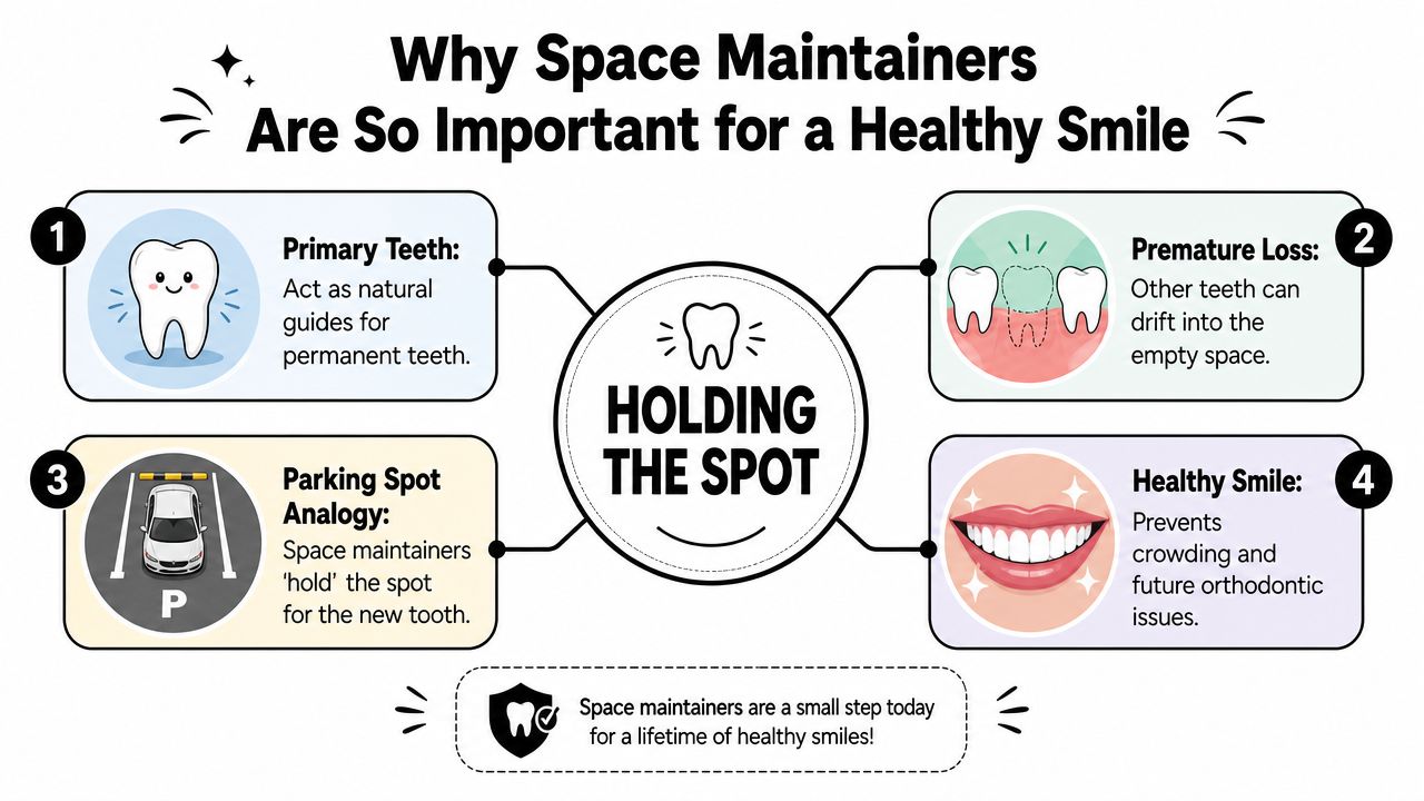 An infographic explaining why space maintainers are important for children's dental health and preventing future crowding.