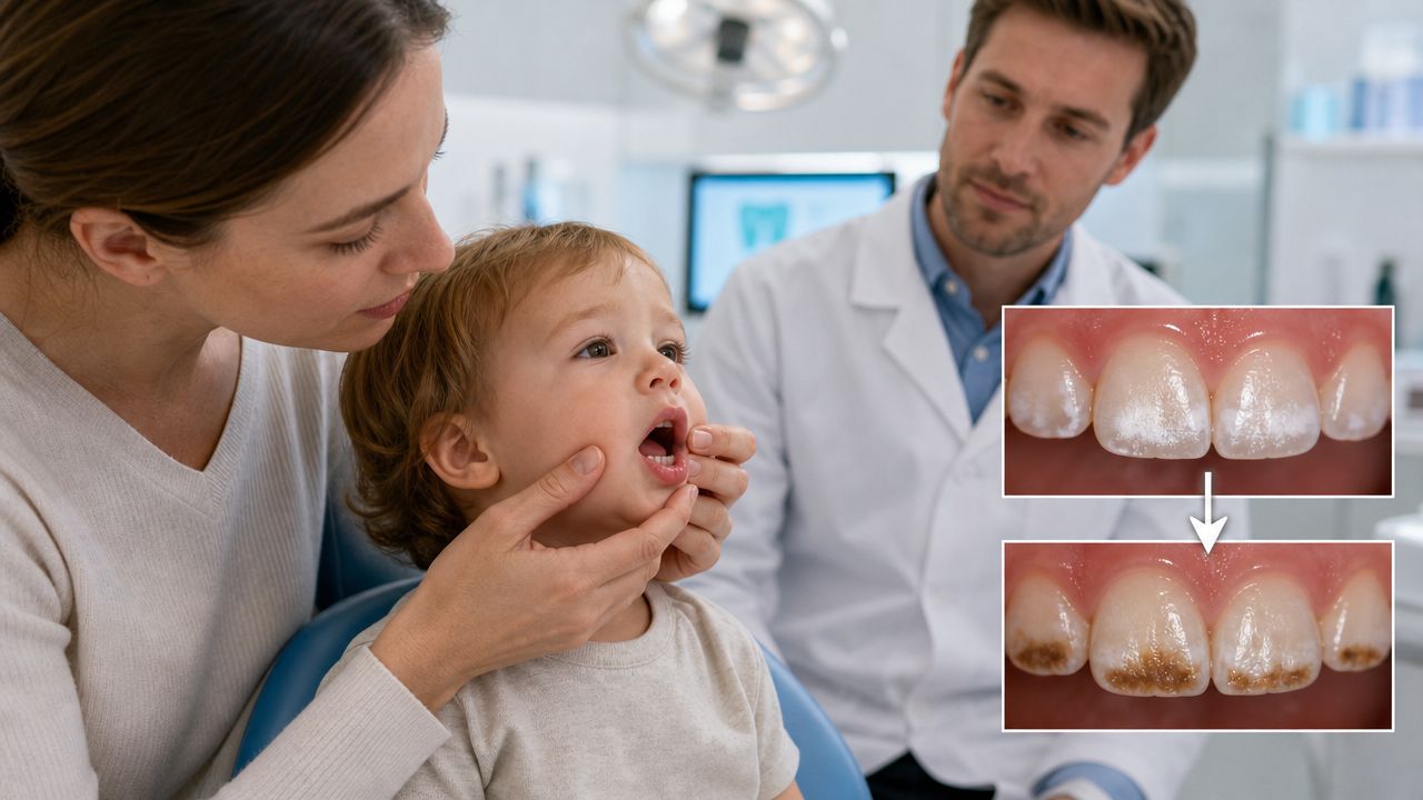 A dentist and mother examine a young child's teeth, with an inset showing tooth decay progression